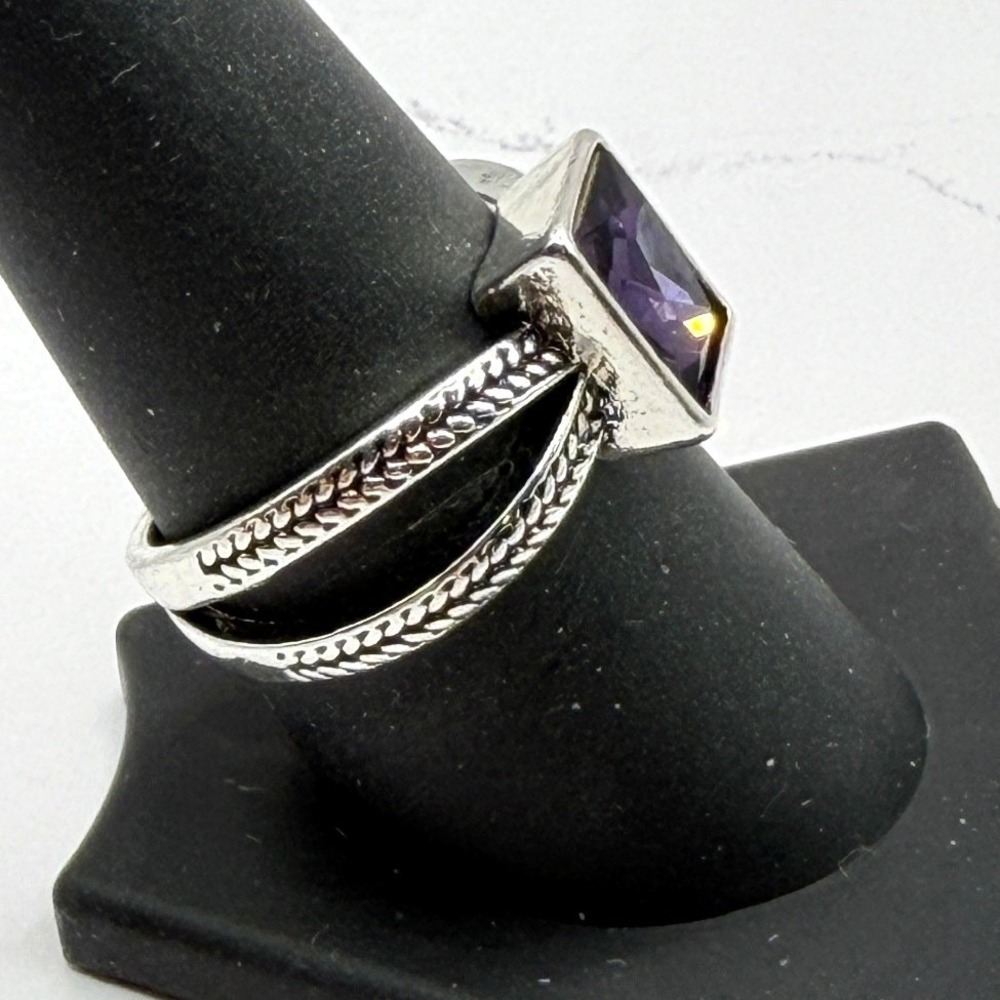 New Purple Glass Ring Stainless Steel Double Band Ring Size 8.75 - Picture 4 of 5